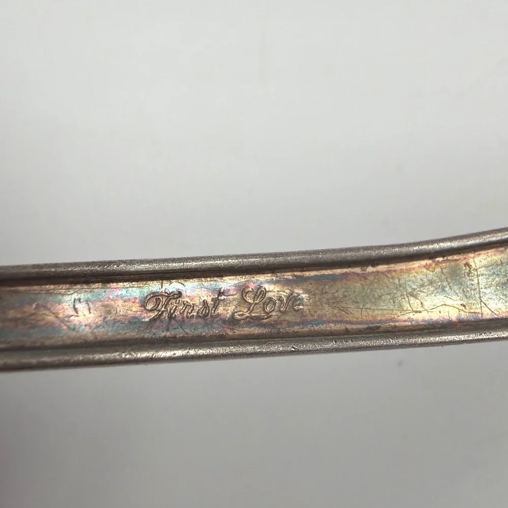 1847 Rogers Bros First Love Silverplate Cream Soup Ladle Heavy Patina 6.25in
